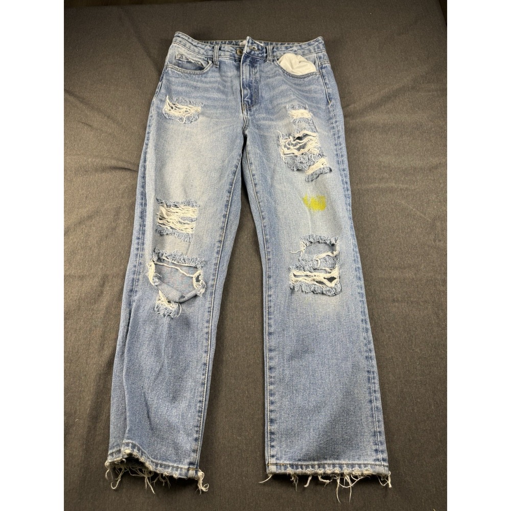 VERVET, Super High Rise Distressed Crop Straight Jeans Light Blue 90's Retro Y2K